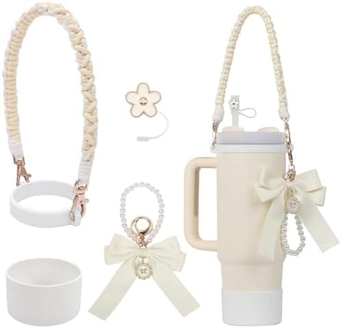 BELSITA Stanley Cup Accessories Set, Pearl Chain Braided Design Water Bottle Handle Strap, Silicone Boot, Charms for 30/40oz Tumble (Apricot)