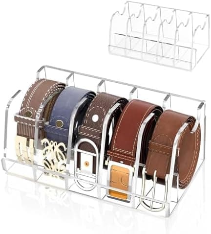 ECJ HOME Acrylic Belt Organizer for Closet and Drawer, 5 Grid Belt Storage Organizer, Stylish Clear Belt Display Case for Belts, Ties and Watches