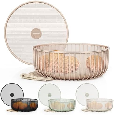 LIBKEN Metal Fruit Bowl with Mesh Lid and Basket - Fruit and Vegetable Holder For Kitchen Counter - Countertop Display Baskets Organizer - Bowl Storage for Veggie, Fruits, Snack, and Banana - Peach