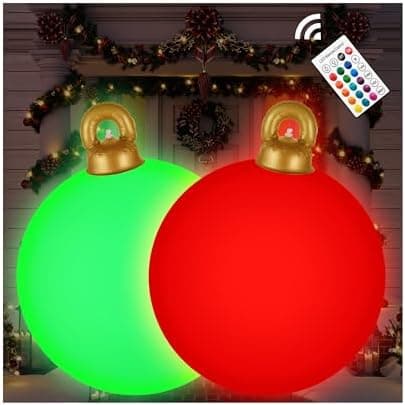 [Light up] Inflatable Ornaments Balls Outdoor 2Pcs: Flashes in Red | Green | Blue and Timer, 24 Inch Giant Christmas Inflatable Ornaments, Reusable PVC - Blow Up Ornament Balls for Yard, Porch, Party
