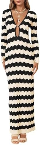 Saodimallsu Womens Crochet Summer Maxi Dress Striped Sexy Cut Out V Neck Long Sleeve Knit Cover Up Beach Dresses
