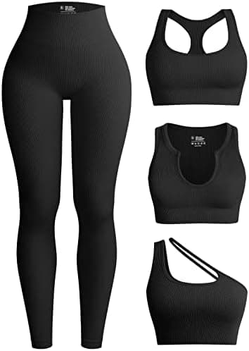 OQQ Women's 4 Piece Workout Ribbed Yoga High Waist Legging 3 Crop Sports Exercise Set Bra Outfit, Black1, Large