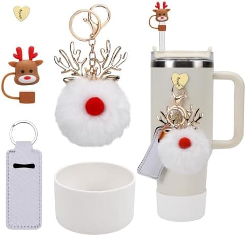 Stanley Christmas Accessories Set - Silicone Straw Cover, Cup Boot, Lipstick Holder, Charms for 40oz & 30oz Tumbler (White Elk)