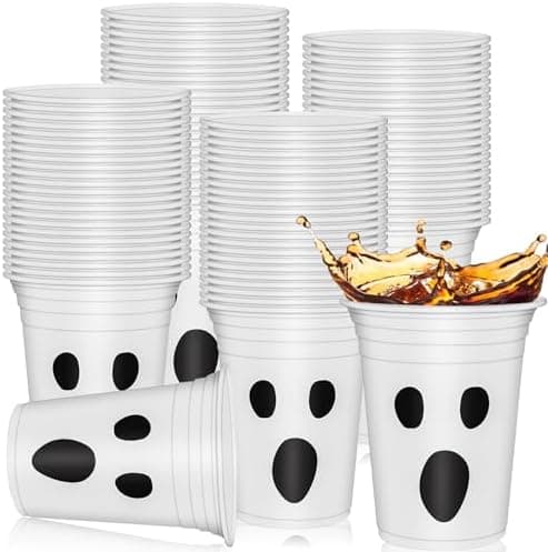 50Pcs Halloween Plastic Cups 12oz White Black Ghost Design Disposable Cups Spooky Halloween Party Cups for Hot Cold Drinks Coffee Juice Beer Candy Snacks