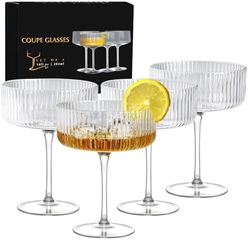 Coupe Glasses Set of 4, 10 oz Ribbed Martini Glasses, Hand Blown Cocktail Glasses, Bar Drinking Glasses, Gift Boxed Drinking Glasses Set Pefect for Espresso Martini, Manhattan, Cocktail, Champagne