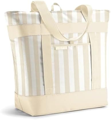 Fit & Fresh Insulated Grocery Tote Bag – Large Reusable Thermal Cooler Bag for Shopping, Food Delivery & Catering – Premium Leak Resistant Food Carrier, Foldable Soft Cooler, Taupe Stripe