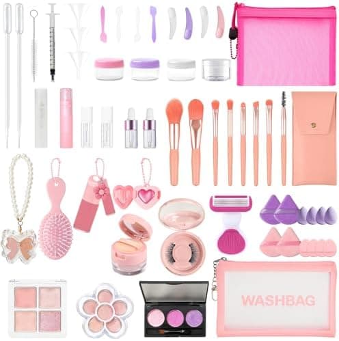 57Pcs Mini Makeup Products with Travel Size Containers Set Mini Makeup Brushes Empty Bottles Kit for Cosmetics, Toiletries, Creams, Lip Balm, Powder Puffs and Sponge Set Razor Comb with Storage Bag
