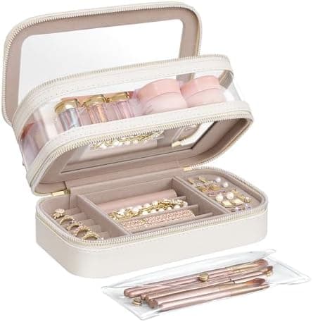 SONGMICS Makeup Bag with Mirror, with Jewelry Storage, Travel Makeup Bag, with Separate Brush Storage Pouch, Transparent Window, 8.7 x 4.7 x 4.7 Inches, Gift Idea, Cloud White UJKA026W01