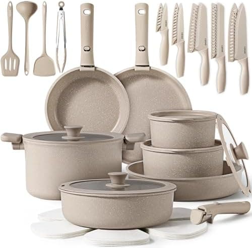 CAROTE 35pcs Pots and Pans Set Non Stick, Cookware Set, Removable Handle Pots and Pans Nonstick, RV Oven Safe Cookware, Induction Kitchen Cookware Set, Knife Set, Taupe