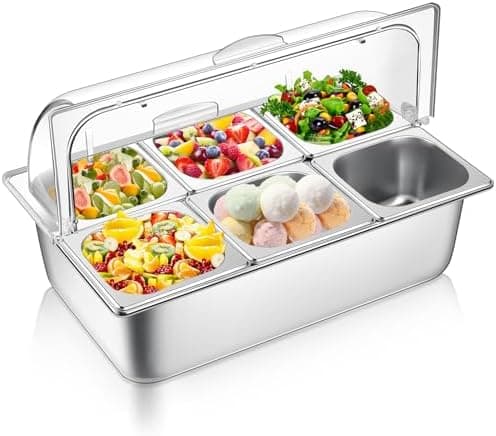 Ziliny Countertop Food Serving Display Container Clear Roll Top Cover 6 Pan Stainless Steel Ice Food Buffet Server Salad Bar Pizza Topping Station Condiment Dispenser Restaurant Kitchen Party(Silver)