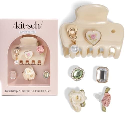 KitschPop ™ Hair Clips For Women with Charm Sets -Customizable Cloud Claw Clip With Interchangeable Collectible Cute Charms | Ideal Gifts For Women - Pearlized Cream, 7pcs Set