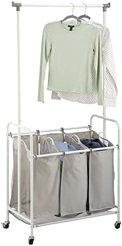 mDesign Laundry Cart and Rail – Portable Triple Laundry Hamper for Dirty Clothes, Clean Clothes, Ironing – Garment Rail for Hanging Clothes – Grey/White
