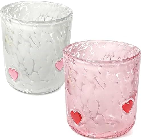 YinNorth 2 Pcs Valentine Icon Juice Glass 14oz Heart Drinking Cocktails Glasses Cute Pink White Stemless Wine Glasses Handblown Old Fashioned Couple Cups for Her Wife Women Birthday Lovely Gifts