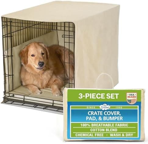 Pet Dreams 3-Piece Set Includes Dog Crate Cover, Dog Mat & Bumper Pad- Washable Kennel Bedding fits iCrate Cages 24, 30, 36, 42 Inch (Khaki, Large, 36")