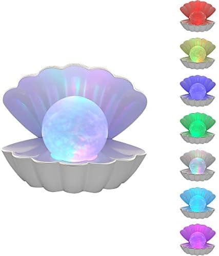 LKUA Shell Pearl Beach Themed Night Light, RGB 8 Colors Changing Mood Shell Pearl Lamps, Bedside LED Clamshell Portable Night Lights for Bar (White)
