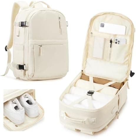 Cypak Lightweight Travel Backpack for Women Men Mochila de Viaje Luggage Backpack with USB Charging Port & Shoe Pouch Airline Approved Personal Item Travel Bag Waterproof Utility Backpack(Beige)