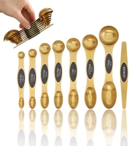 TLQSM Magnetic Measuring Spoons Set, Stainless Steel, Dual Sided, Stackable, Dual Sided for Measuring Dry and Liquid Ingredients, Fits in Spice Jars, Set of 8（Gold ）