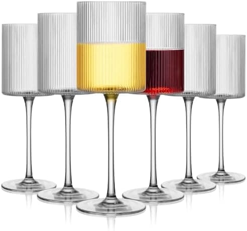 LUXULISH Ribbed Square Wine Glasses Set of 6, Vintage 13Oz White Red Wine Glass, Hand Blown Crystal Wine Glasses - Gifts for Women, Men, Wedding, Anniversary, Christmas, Birthday