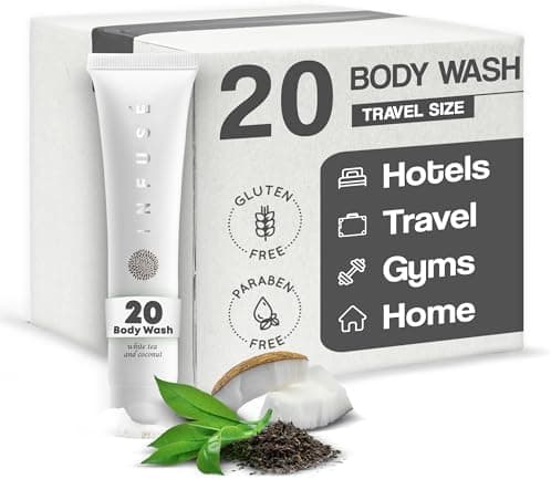 Travel Size Hotel Body Wash 20 Count 1 oz Bottles Guest Amenities for Hotels Vacation Rentals and Short Term Rentals Paraben Free White Tea and Coconut Scent Infused with Aloe and Olive Oil by INFUSE