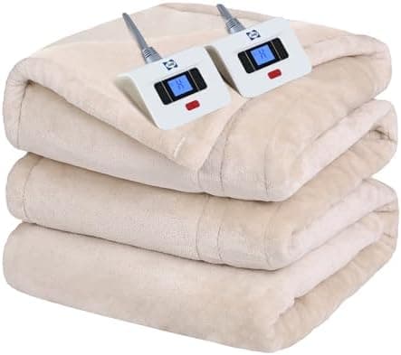 Sealy Electric Blanket King Size, Flannel Heated Blanket with10 Heating Levels & Auto Shut Off, Machine Washable, Beige, 100 x 90 Inch
