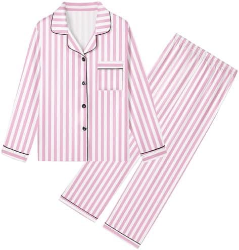 Umeyda Girls & Womens Satin Pajamas Set, 2 Pieces Silky Pjs Long Sleeve + Pants Sleepwear for Mom Kids and Boys