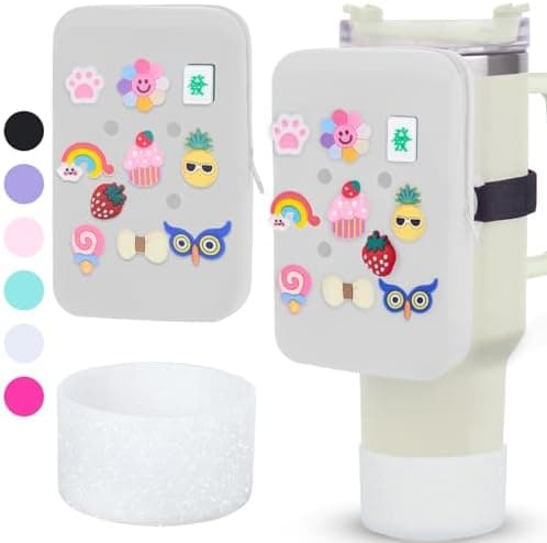 Silicone Water Bottle Pouch for Stanley Cup,Compatible with Stanley Cup Water Bottle Tumbler Pouch Purse Wallet Accessories 10PCS Charms & Boot (White)
