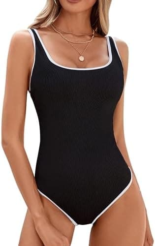 BMJL Women's One Piece Swimsuit Sports Adjustable Strap Bathing Suit Color Block Ribbed High Cut Swimsuits