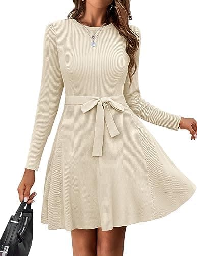 Zeagoo Women's 2024 Casual Dress Crewneck Tie Waist Fall Ribbed Dress with Belt Long Sleeve A Line Flowy Sweater Dress