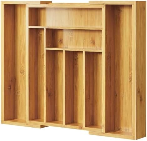 Pipishell Bamboo Expandable Silverware Drawer Organizer, Adjustable Kitchen Utensil Tray for Forks, Spoons and Knives, Wood Storage Cutlery Holder for Bedroom and Living Room