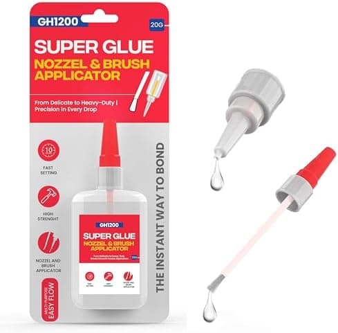 GH1200 (2-in-1) Super Glue with Brush Applicator & Nozzle, Mess Free Superglue Brush, Instant Never Dries, 3000 CPS Ca Glue, No Stain Clear Glue, Super Glue for Plastic, Rubber & More