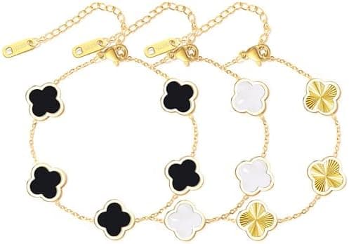 WSupikio 3PC Clover Bracelets Set 18k Gold Plated Lucky Clover Bracelet Women Adjustable Link Bracelets Cute Gold Jewelry