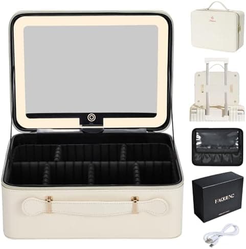 Faquenc Leather Makeup Case with LED Lighted Mirror 11.4 Inch Travel Makeup Bag Adjustable Brightness in 3 Colors Cosmetic Organizer Artist Storage Bag with Dividers Brush Holder Bag Vanity White