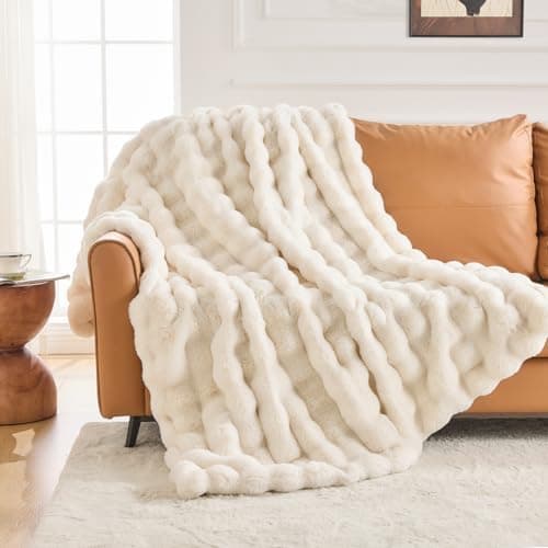 IKALIFE Cozy Faux Fur Throw Blanket for Couch-Warm Fuzzy Throw Blanket, Soft Plush Thick Bubble Blankets for Bedroom and Living Room, Furry Luxury Blanket, 50 x 60, Cream