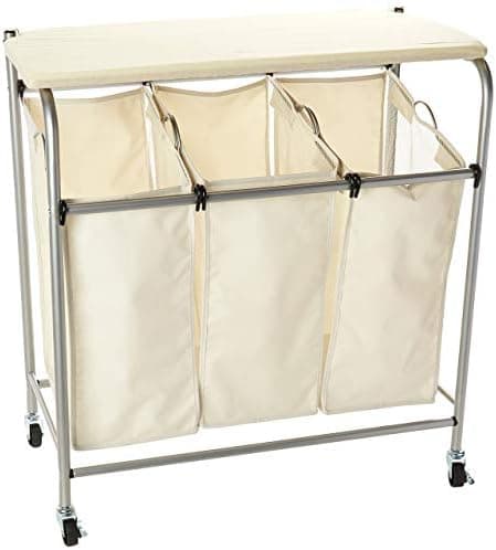 Honey-Can-Do Rolling Laundry Sorter with Ironing Board, Natural