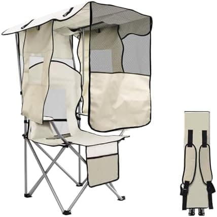 MKSY Beach Chair with Canopy Shade, Folding Camping Chair Support to 330LBS, Outdoor Chair with Cup Holder & Cooler Bag for Travel Hiking