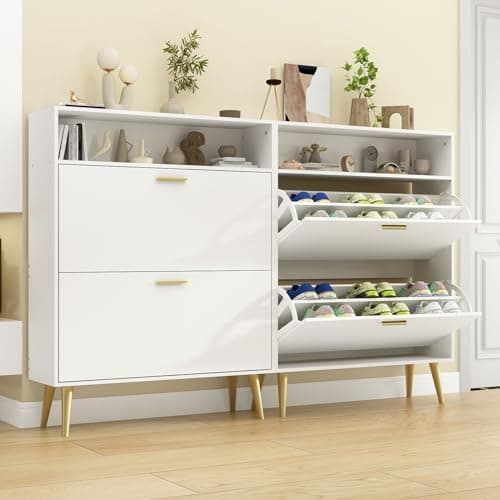 NOVAMAISON Fluted Shoe Cabinet Storage for Entryway, White Shoe Organizer with 2 Flip Drawers & Open Shelf, Freestanding Hidden Large Shoe Storage Cabinet (2pc-White, 2 Flip Drawers with Shelf)