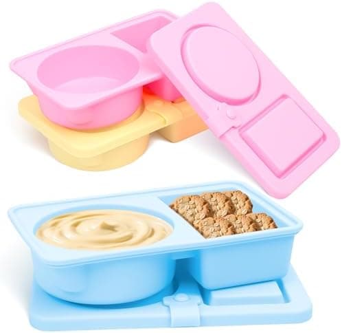 TULOBI 3 Pack Silicone Reusable Snack Containers with Lids, Cute Double Compartment Snackle Box Containersfor Dips Salad Condiment, Small Food Snack Case for Travel, School, Picnics