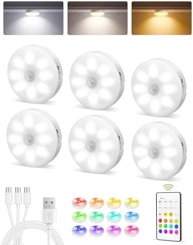 EZVALO 6-Pack Under Cabinet Lighting, Rechargeable Motion Sensor Puck Light with Remote, 3 Color Temps &12 RGB Colors, Magnetic Stick on Light, Dimmable Under Counter Light for Kitchen, Home Decor