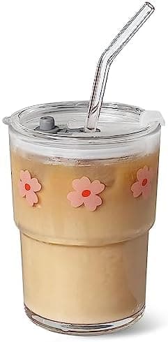 Olvini 13oz Glass Tumbler with Straw and Lid, Reusable Iced Coffee Cup Tumbler, Cute Glass Cups for Water, Matcha, Travel Coffee Mugs (Pink Flower)