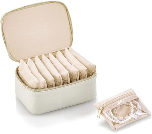 VLANDO Jewelry Case with 8 Velvet Jewelry Bags Jewelry Travel Organizer Box for Mothers Day Mom Gifts, Jewelry Box for Rings Earrings Brides Gifts Birthday Gifts (White)