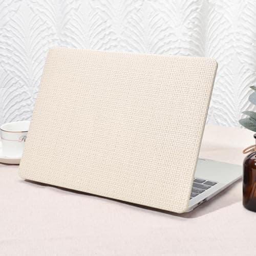 Seorsok Compatible with MacBook Air 13 Inch Case 2022-2018 Release A1932 A2179 M1 A2337 Touch ID,Elegant Leather Plastic Hard Shell Case with Keyboard Cover,Beige Woven Fabric No Logo Cutout Design