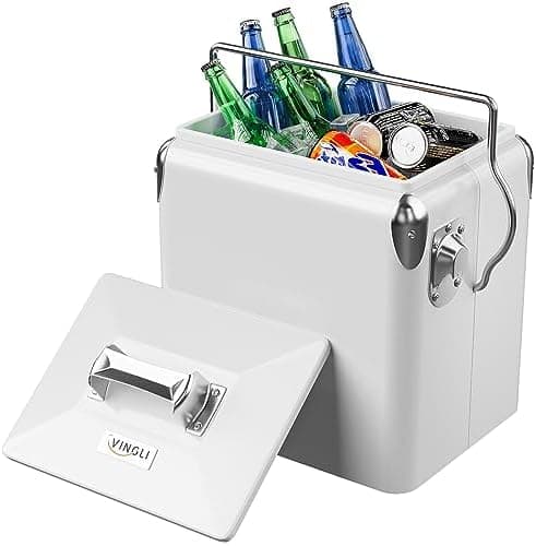 VINGLI 14qt Small Insulated Portable Cooler, Retro Vintage Classic Style Hard Metal Cooler for Barbeques, Camping, Fishing and Picnics