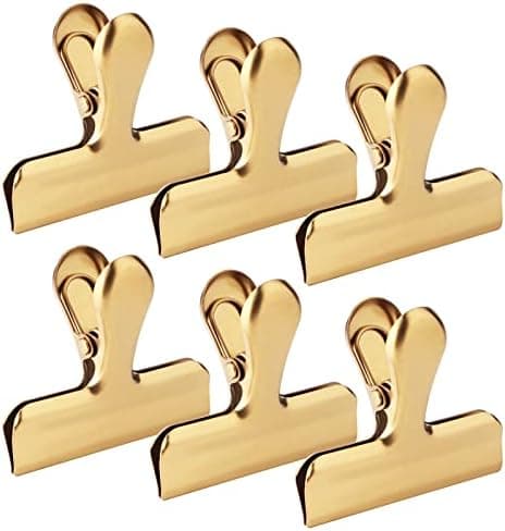 6pc-3 Inch Wide Stainless Steel Paper Clamps Heavy Duty Food Bag Clamp,Seal Clip, Chip Clips Metal Hinge Clip File Clamps for Kitchen&Office (Gold)