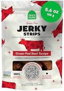 Open Farm, Dog Jerky Treats, Soft & Chewy Oven-Baked Jerky Strips Made with Ethically & Sustainably Sourced Ingredients, Protein Packed Dog Treats, Grain-Free Grass-Fed Beef Recipe, 5.6oz Pouch