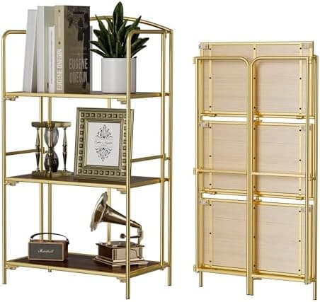 Crofy No Assembly Folding Bookshelf for Living Room, 3 Tier Gold Collapsible Book Shelf for Home Office, Portable Bookcase Storage Organizer