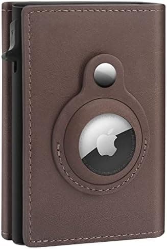 GAOCHALE AirTag Wallet Genuine Leather Air Tag Wallet RFID Technology Credit Card Holder with Minimalist Wallet for Men for Apple AirTag (No Airtag Included)(Coffee)