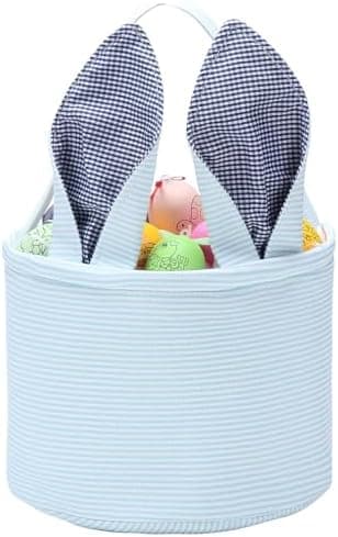 Easter Basket Seersucker Egg Hunt Bunny Baskets for Kids with Cute Rabbit Ears Stripe Storage Gifts Candies Personalized Easter Party Gifts…