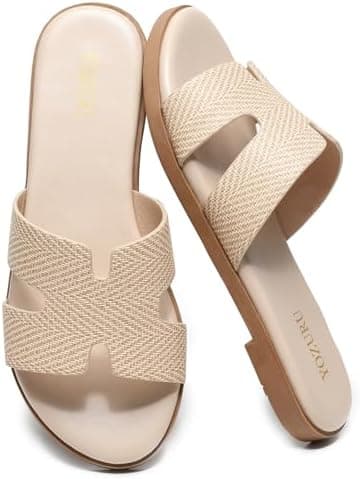 Yozuru Womens Flat Sandals Open Toe Dressy Summer Sandals Comfortable Casual Slip on Leather Slides Sandals for women