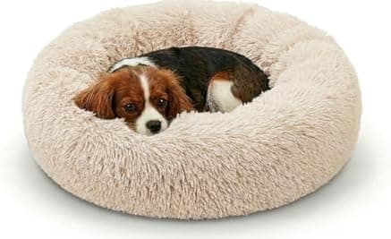 Active Pets Premium Small Donut Dog Bed, Fits Up to 45 lbs, Removable Cover & Washable Cushion, Plush Long Pile Faux Fur Fabric, Portable Beige Pet Bed Furniture for Puppies Adult Canines & Cats