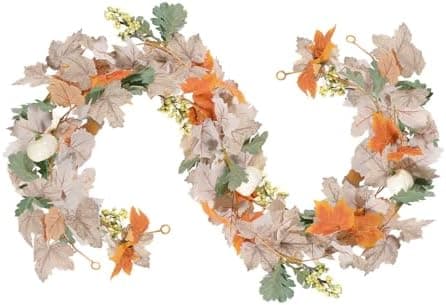 Fall Decor-2 Pack 6Ft Maple Leaf & Berry Garland with Pumpkin, Fall Leaves - Thanksgiving, Halloween & Christmas Decoration for Indoor & Outdoor Mantle, Table, Fireplace, Porch